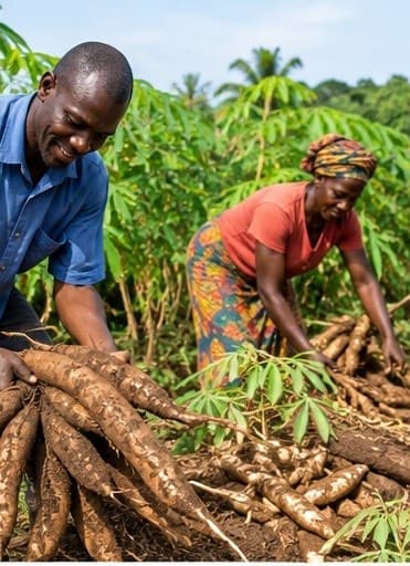 Farmers harvesting cassava