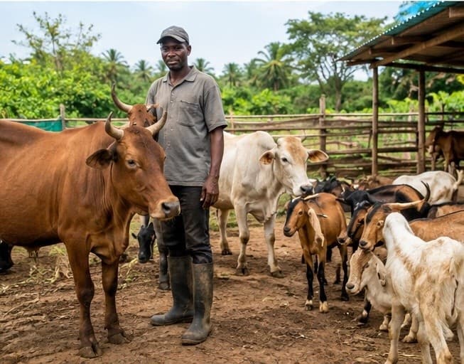 Farmer with cattle and goats