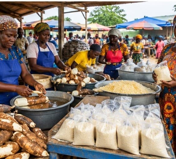 Women processing cassava and packaging goods at a market