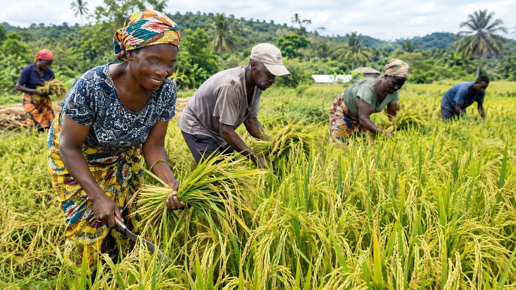 Farmers harvesting rice in a Liberian field